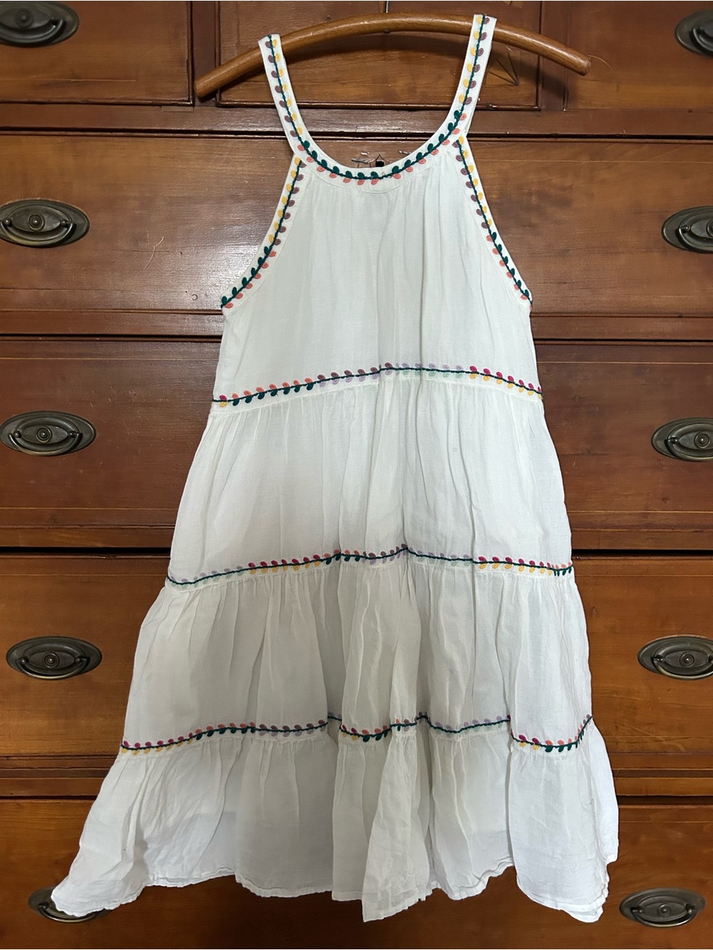 Girls White Tiered Sundress with Multicolor Trim